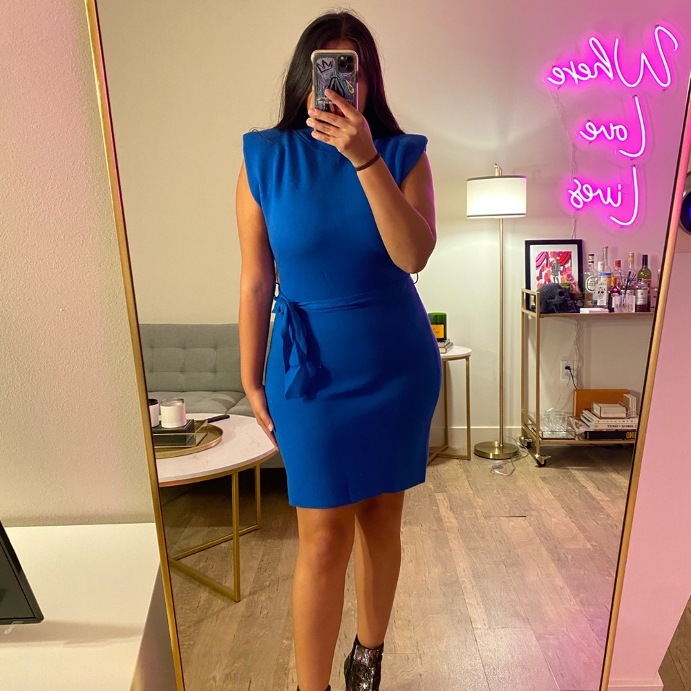 ✨24 HOUR SALE✨ Power Hour Electric Blue Sleeveless Belted Sweater Dress - Picture 10 of 12